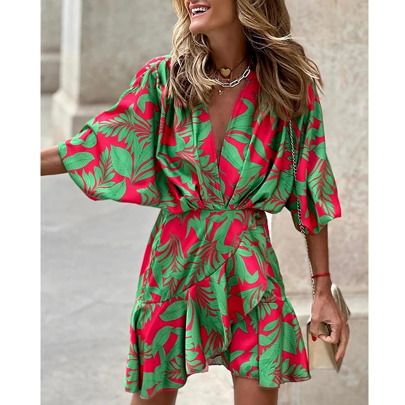 

Women V Neck Half Sleeve Mini Dress Batwing Sleeve Tropical Print Ruffle Hem Dress Summer