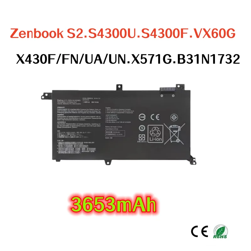 

3653mAh For ASUS Zenbook S2 S4300U S4300F VX60G X430F X430FN X430UA X430UN X571G B31N1732 laptop battery