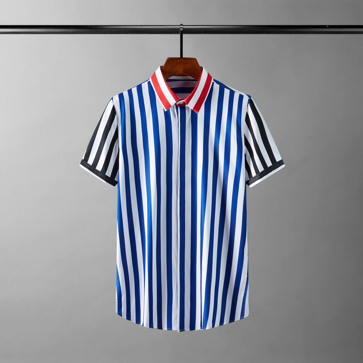 2022 Male Shirts High Quality Contrast Color Stripe short Sleeve Casual Mens Dress Shirts Fashion Slim Party Man Shirts 4xl
