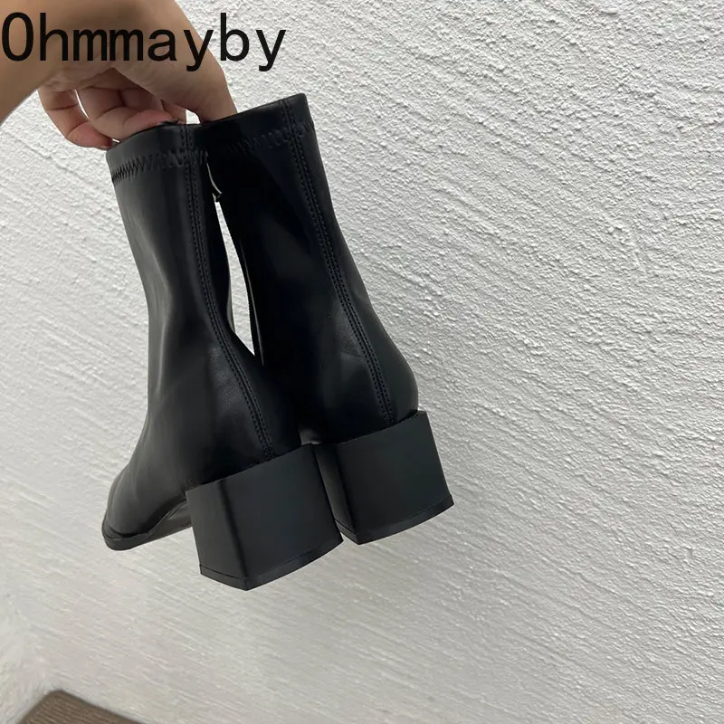 2023 Autumn Design Heel Ankle Boot Fashion Square Toe Zipper Ladies Casual Chelsea Boots Shoes Soft Leather Short Boot images - 6