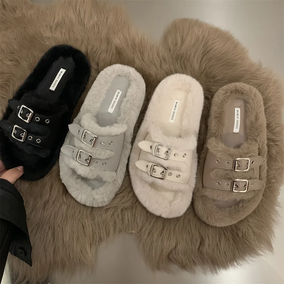 

Outdoor Winter Furry Slippers Women Warm Faux Fur Thick Sole Flip Flops Buckle Ladies Fluffy Slides Flat Shoes Zapatos Mujer