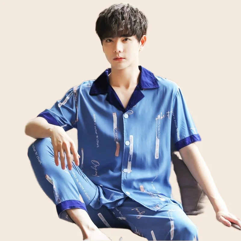 Men's Pajamas Set Sexy Plaid Sleepwear For Man Short Sleeve Shirt Stripe Pyjama Men's Autumn Fashion Cotton Homewear Pjs