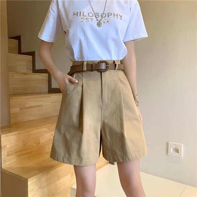 Khaki Suit Shorts Women Summer New Fashion Button Baggy Wide Leg Half Pants Korean Style Casual Female Clothing Plus Size