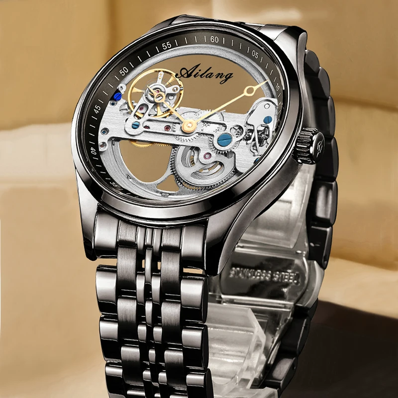 Enlarge New Automatic Mmechanical Watch Double-sided Hollow Design Waterproof Watch Business Wristwatch for Men