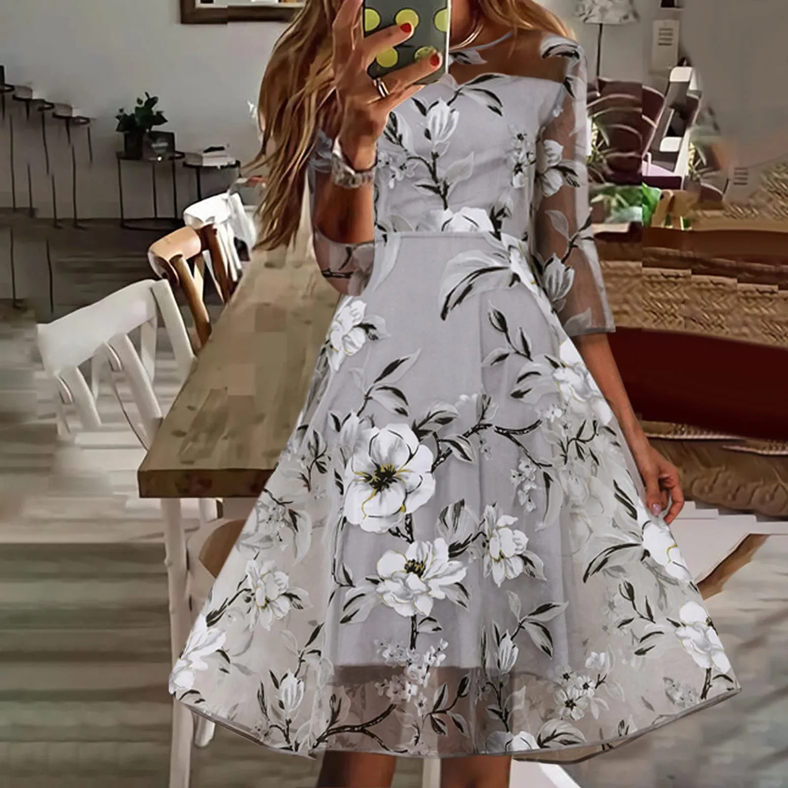 

Женская Летняя Повседневная Туника с цветочным принтом, шифоновые двухслойные повседневные женские платья средней длины с круглым вырезом