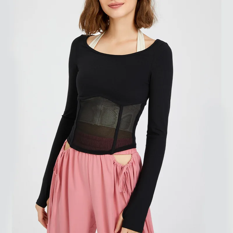 

Sexy Tight Dance Training Clothing Long Sleeve Sport T Shirts Female Net Yarn Patchwork Yoga Crop Tops Women Gym Fitness Running