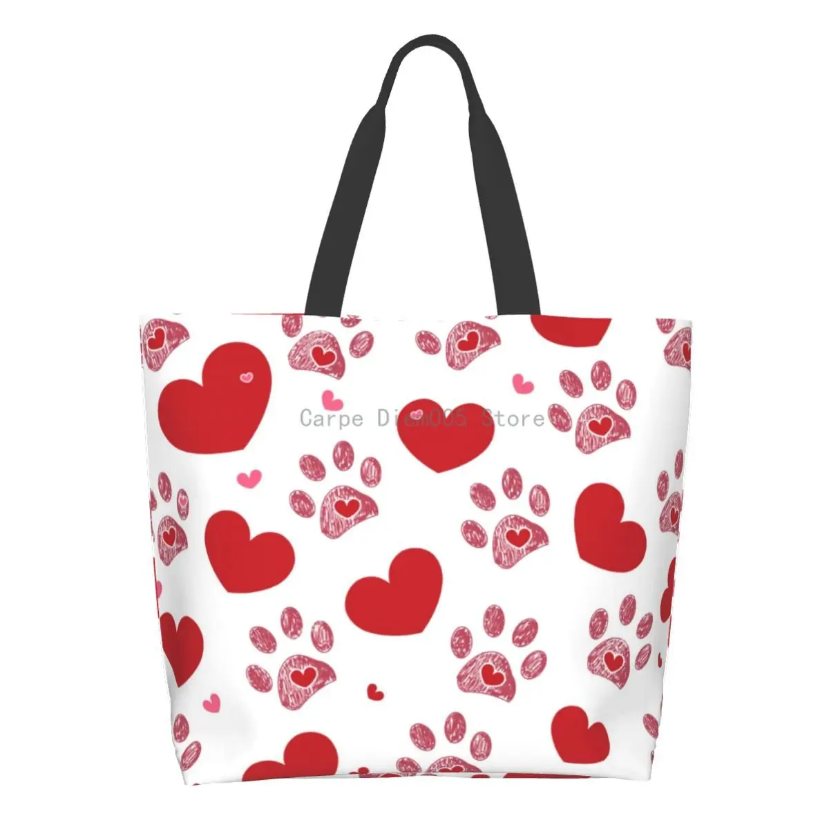 

Women Shoulder Bag Dog Paw Print With Hearts Large Capacity Shopping Grocery Tote Bag For Ladies