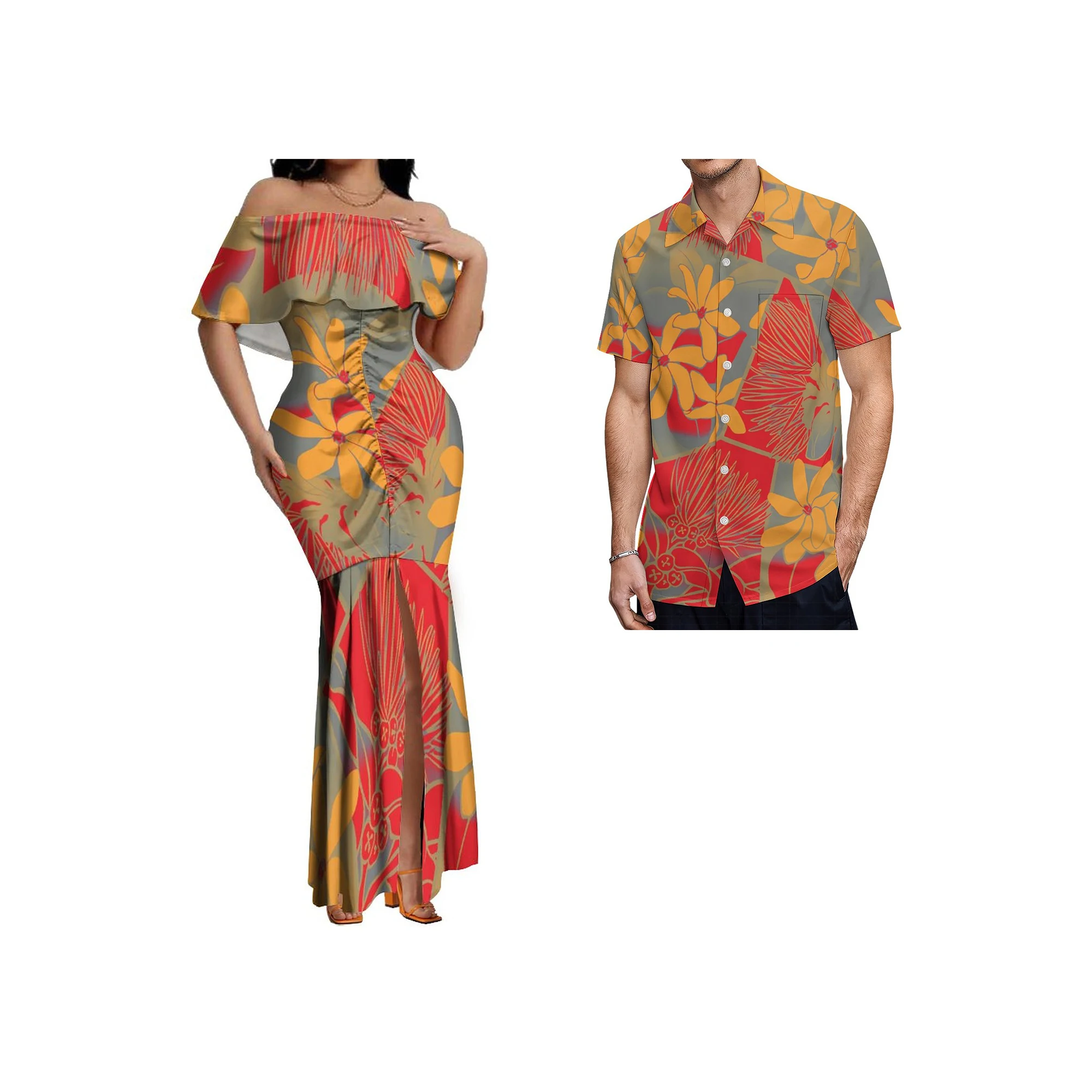 

Factory Price Wholesale Custom Samoan Polynesian Tribal Pleat Dresses Women Lady Elegant Off Shoulder Split Party Fishtail Dress