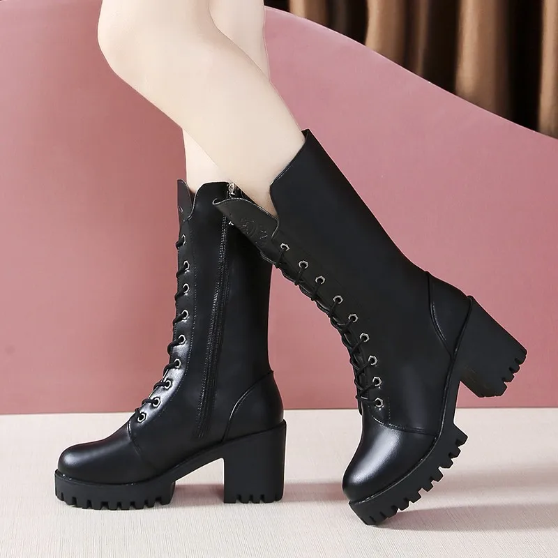 

Platform Boots for Women Fashion Lace-Up Mid-calf Boots Female Commute Zipper Boots Women's Boots 2022 Autumn Botas Plataforma