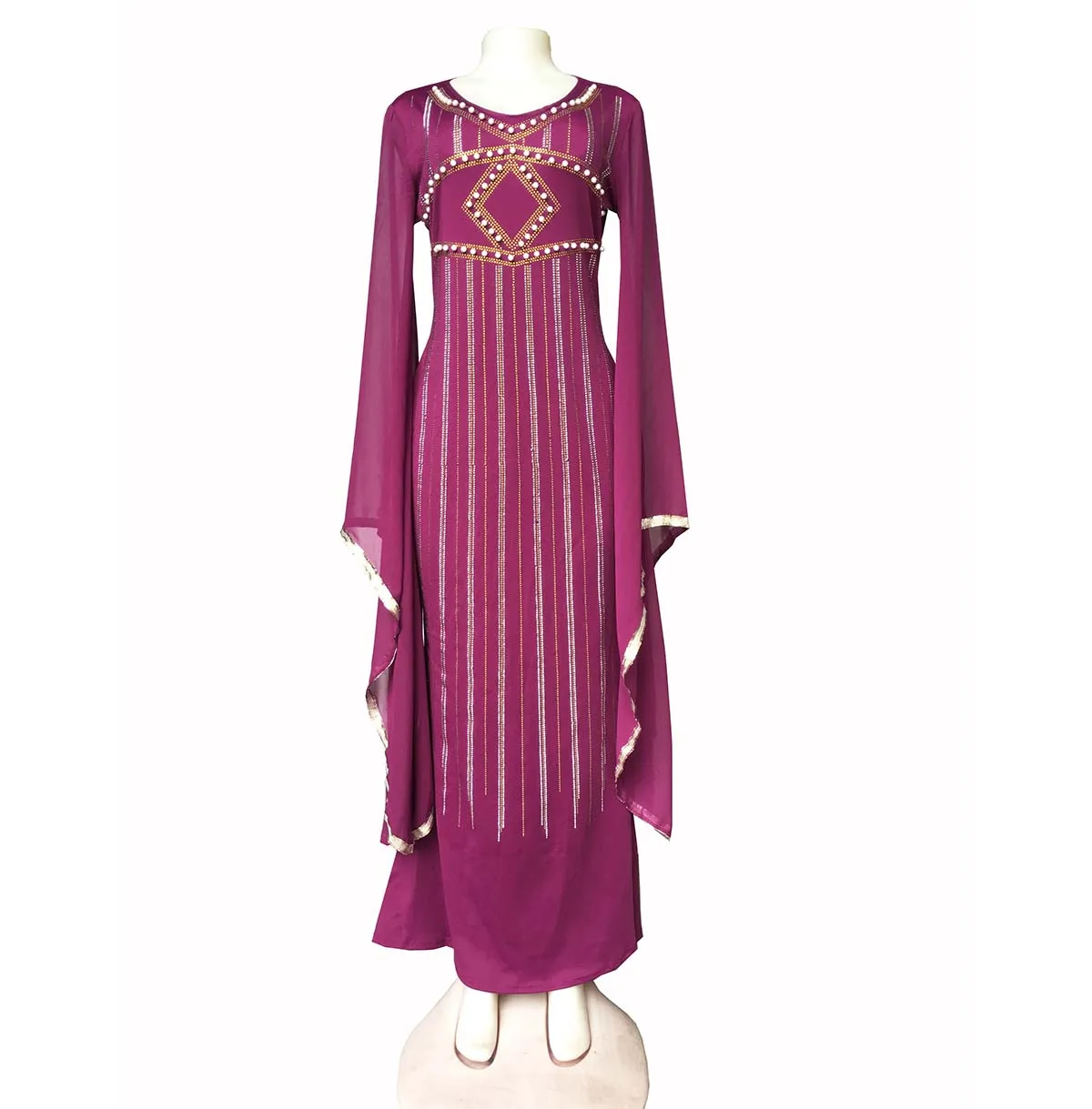 Модные африканские женские платья с вышивкой круглым вырезом и широким рукавом |