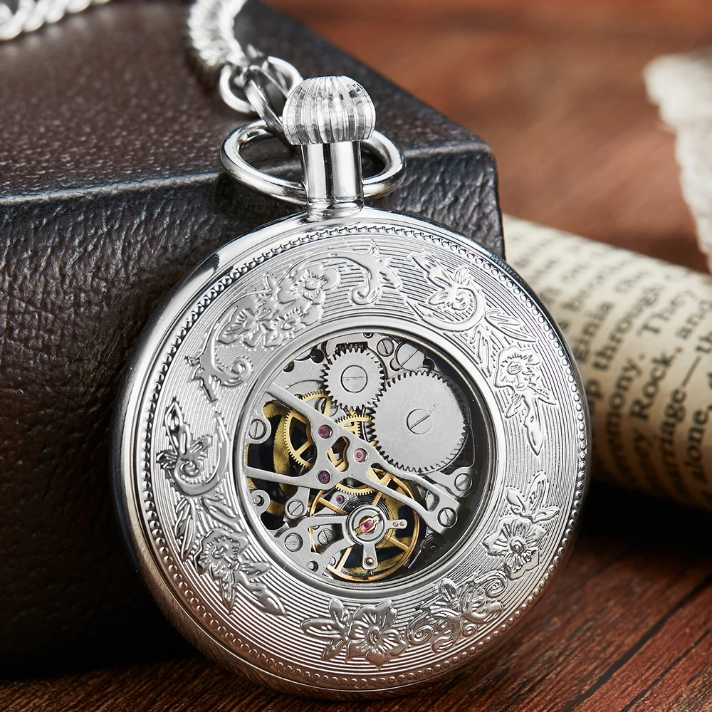 Antique Mechanical Pocket Watch for Men Roman Dial Round Tonneau Clock Skeleton Steampunk FOB Chain Women Pendant reloj hombre