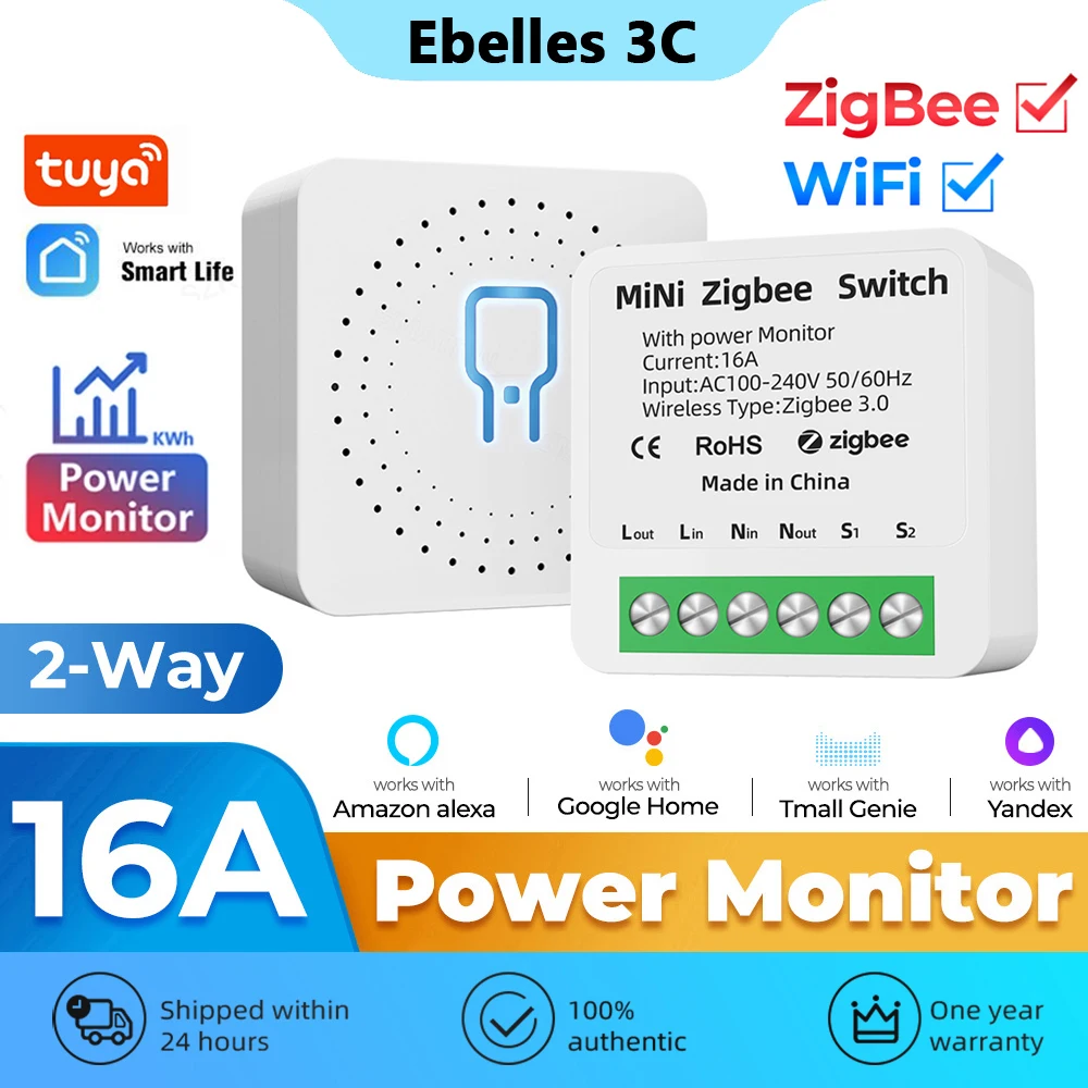 Tuya Zigbee / WiFi MiNi Smart Switch With Power Monitor 16A 2-way Control Timer Breaker Relay Work With Alexa Google Home Alice