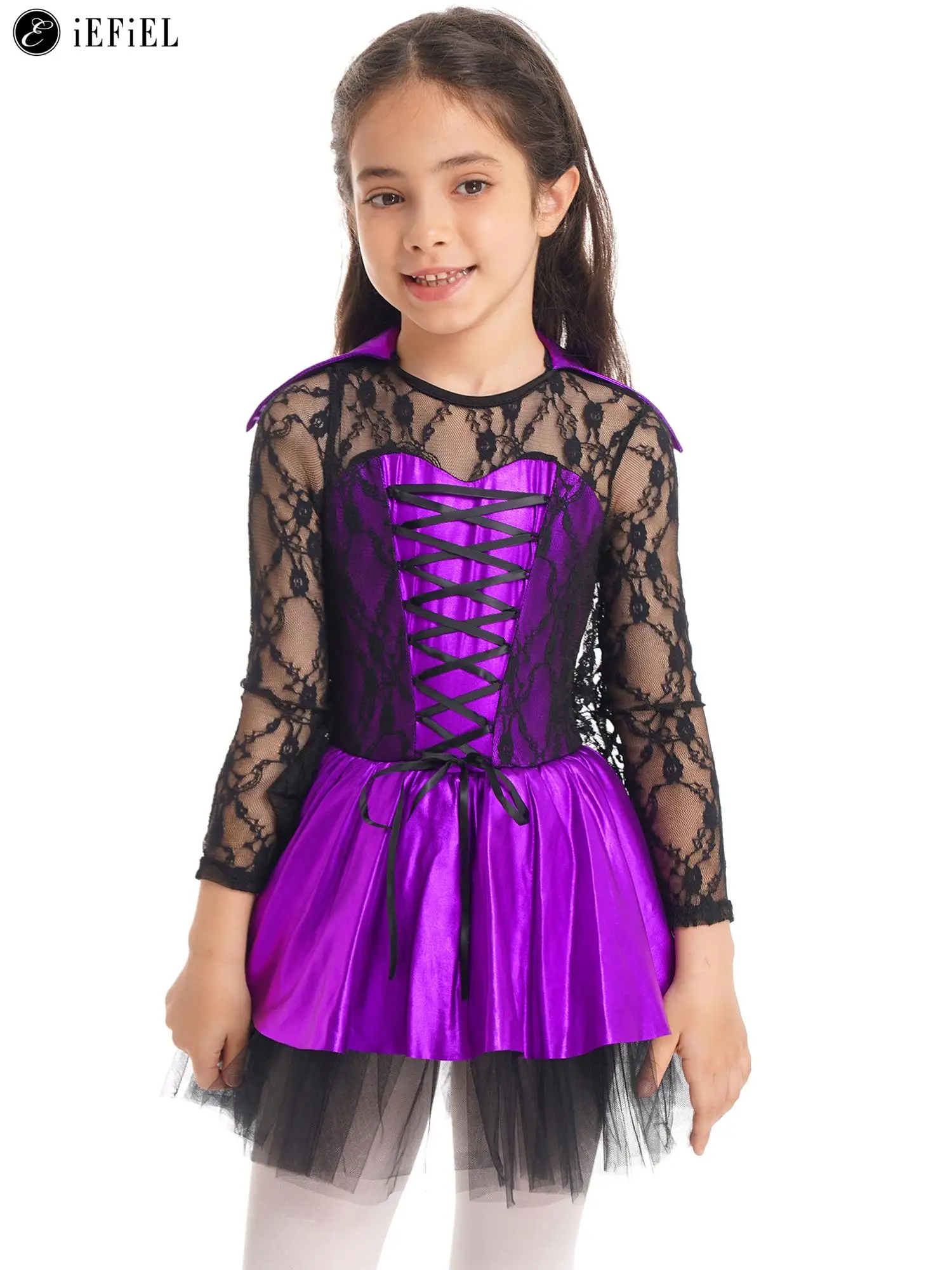 

Kids Girls Twisted Witch Vampire Costume Gothic Victorian Vampiress Queen Lace Tutu Dresses Halloween Cosplay Party Dress Up