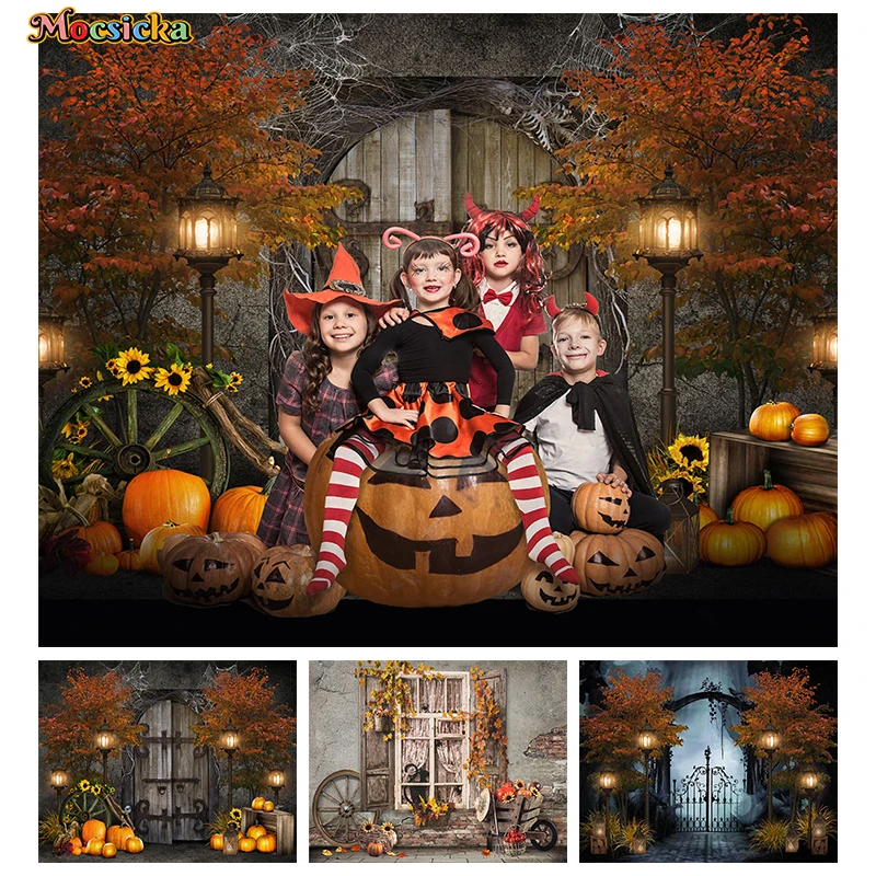 

Mocsicka осень Хэллоуин украшение тыквы фотография Фон винтажные двери окна дерево огни колесо фото фон реквизит