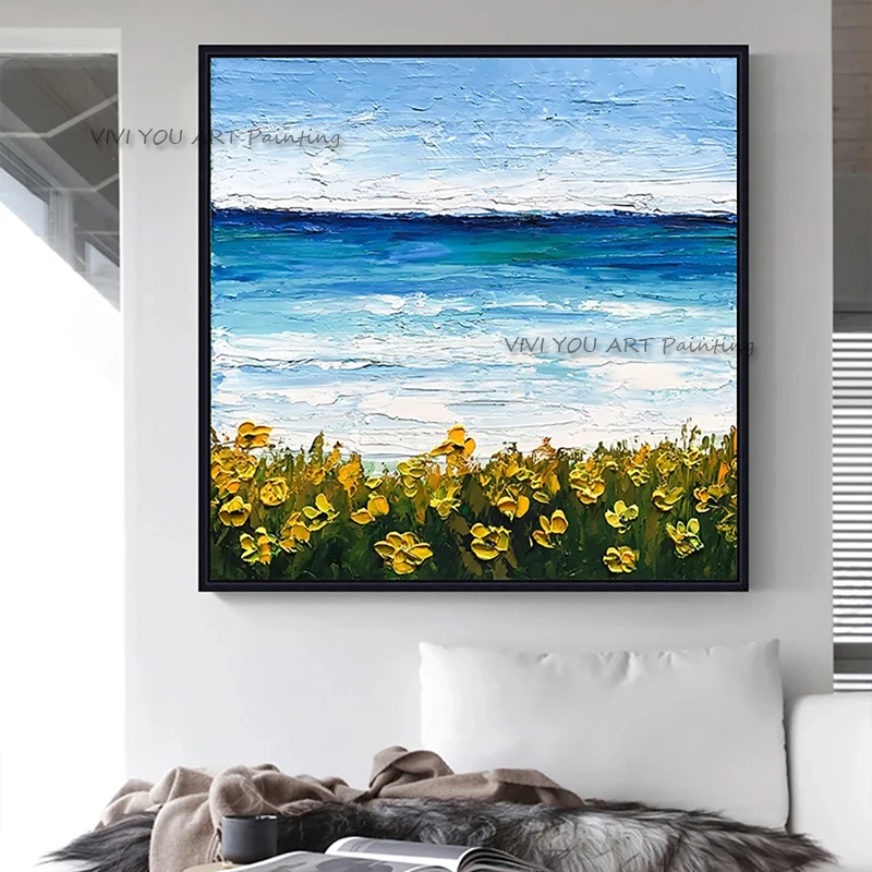 

Handmade Best Flower Oil Painting Canvas Blue Sea Acrylic Wall Hand-painted Home Quadros Sky Decoracion For Living Room Gifts