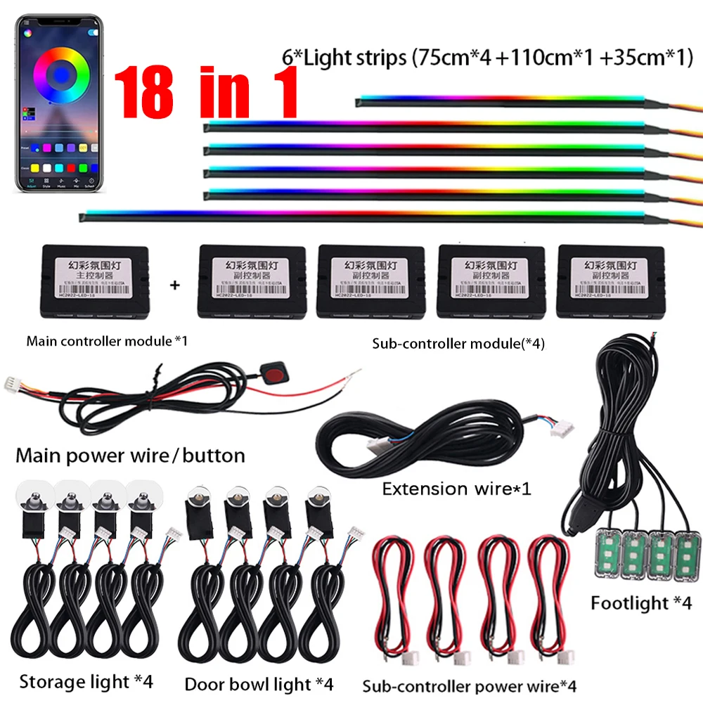 

14/18/22 в 1 светодиодный автомобильный окружающий свет для интерьера 213 64 цвета Rgb Радужное освещение прикуриватель светодиодная акриловая лента стример симфоническая лампа