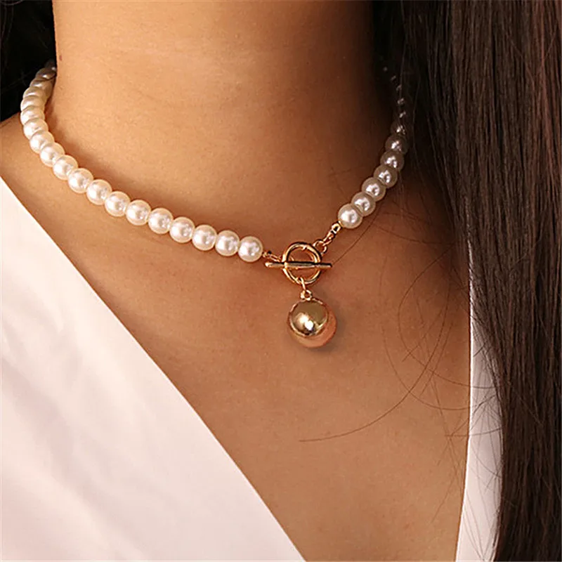 

Goth Pearl Choker Necklace Gold Color Lasso Pendants Women Jewelry On The Neck Chain Beads Necklace Chocker Collar For Girl Kpop