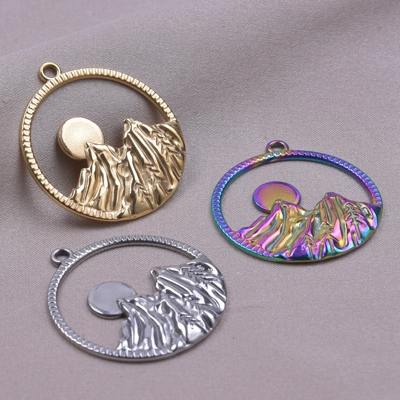 

6pcs Round Mountain Sunset Bulk Charms For Jewelry Making Stainless Steel Pendant Landscape DIY Necklace Earrings Charm Material