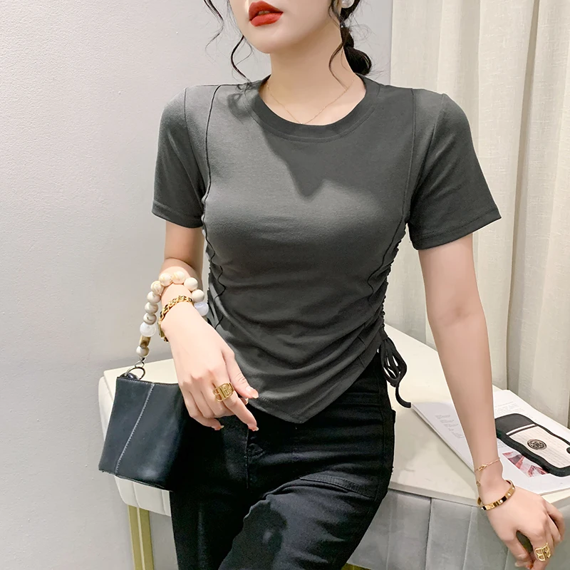 

Женская Асимметричная футболка, Однотонная футболка с круглым вырезом и коротким рукавом, модель 2023 в Корейском стиле на лето, 33031