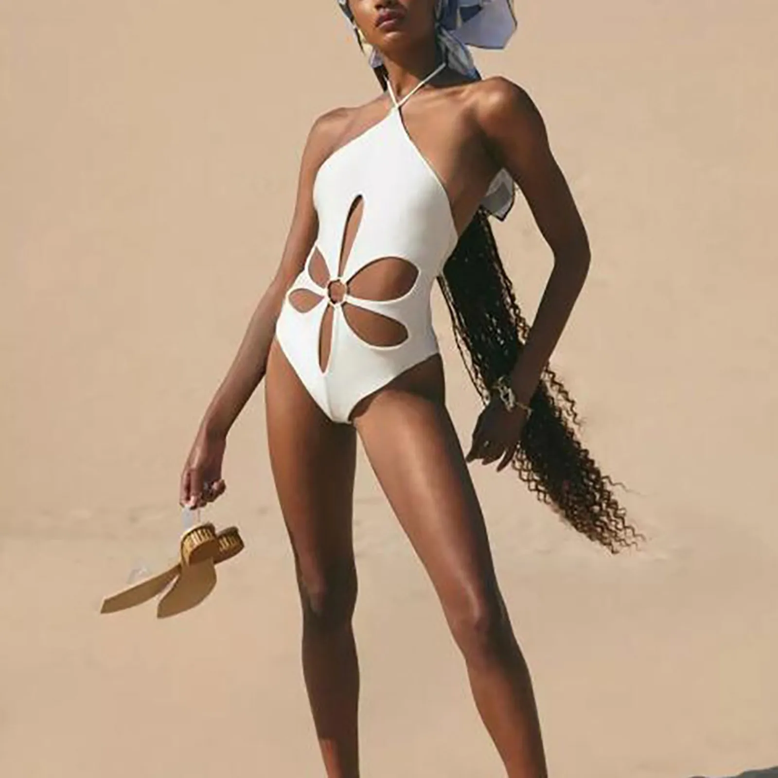 

Новинка, Цельный купальник-бикини, пляжная одежда с вырезами, однотонный купальник с цветочным принтом, купальный костюм с высоким вырезом и лямкой на шее, рабочий пляжный стиль