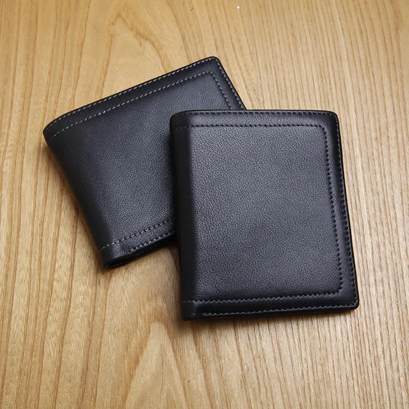 casual simple first layer cowhide men small wallet fashion natural soft genuine leather youth black ID credit card holder purse