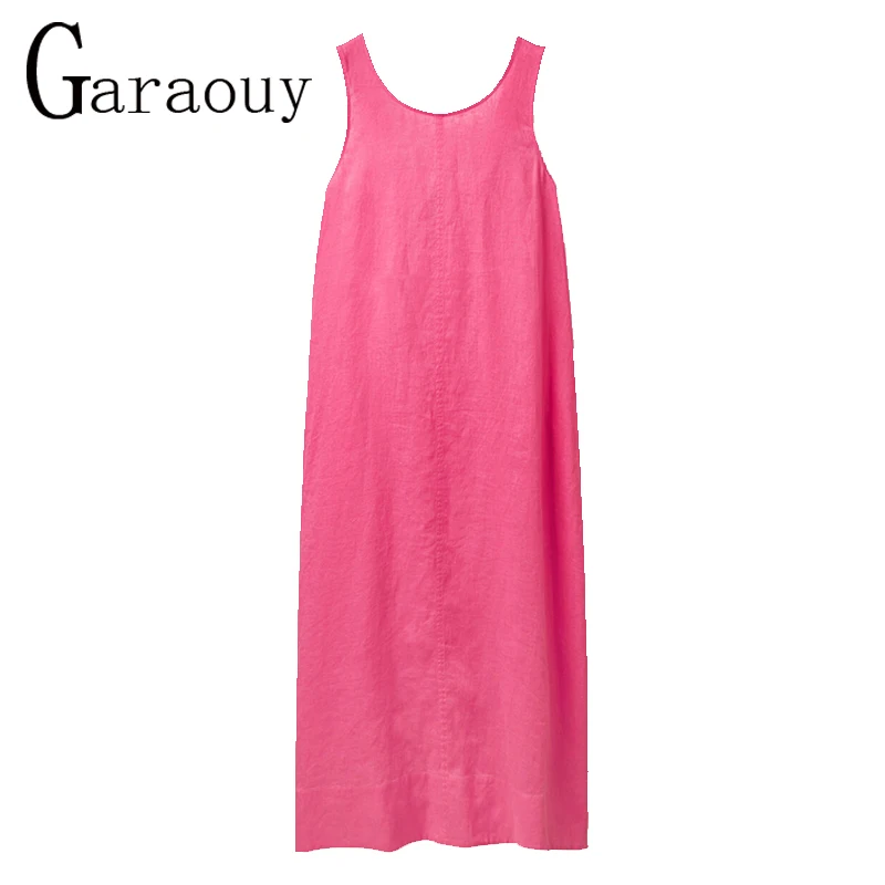 

Garaouy 2022 Chic Sleeveless Slip Dresses Women Loose Solid Simple Casual Lacing Backless Long Dress Female Robe Sundress Mujer
