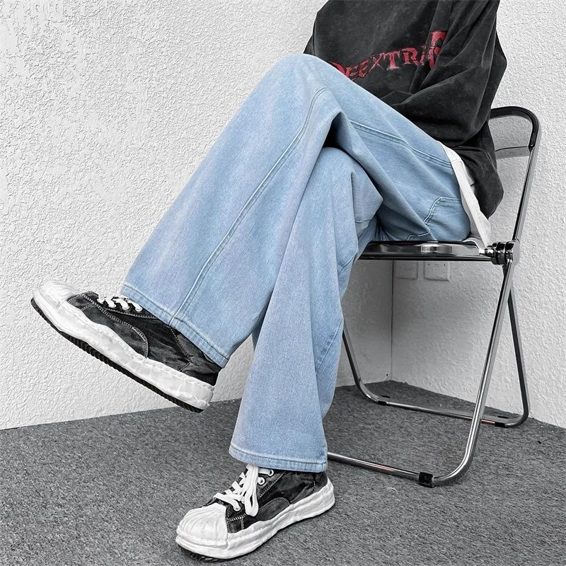 Spring/Summer Drawstring Jeans Men Fashion Casual Wide Leg Jeans Men Streetwear Korean Loose Straight Denim Pants Mens Trousers