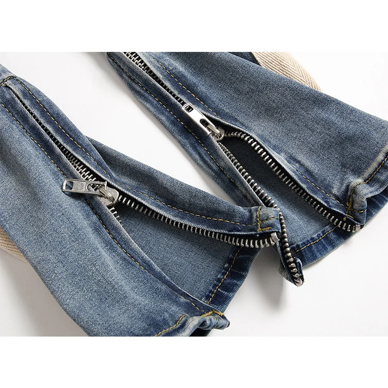 New Mens Jeans Denim Vintage White Stripe Side Knee Holes Slim Side Zipper Pencil Pants Streetwear Men Denim Jeans