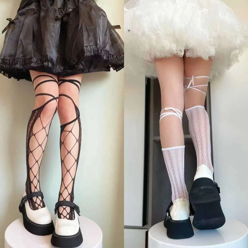

Women Hollow Holes Fishnet Knee High Socks Japanese Gothic Anime Lace-Up Bandage Cosplay Mesh drop shipping