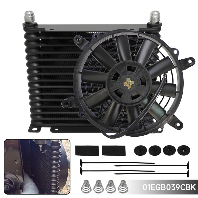 

Universal 32mm 15 Row AN8 3/4"-16 UNF Aluminum Engine Transmission 226MM Oil Cooler Black + 7" Electric Fan for mercedes w203