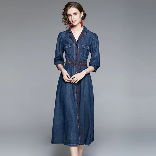 

2022 Spring Summer Woman Clothing Embriodery Red Floral Long Blue Denim Dress , High Waisted Sash Dresses for Women
