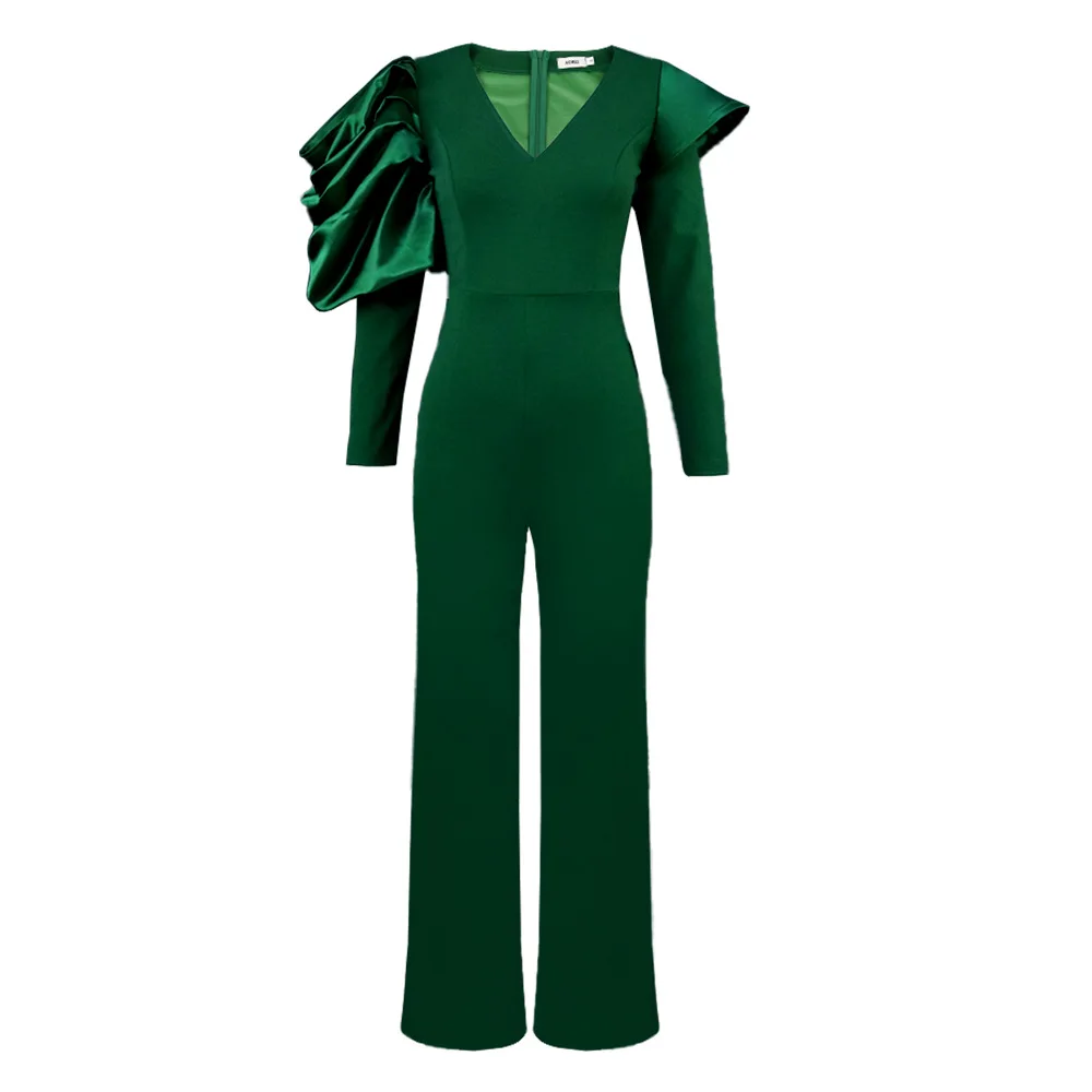 Plus Size Elegant Jumpsuit for Women Autumn V Neck Irregular Puff Long Sleeve High Waist Office Lady One Piece Night Club Party
