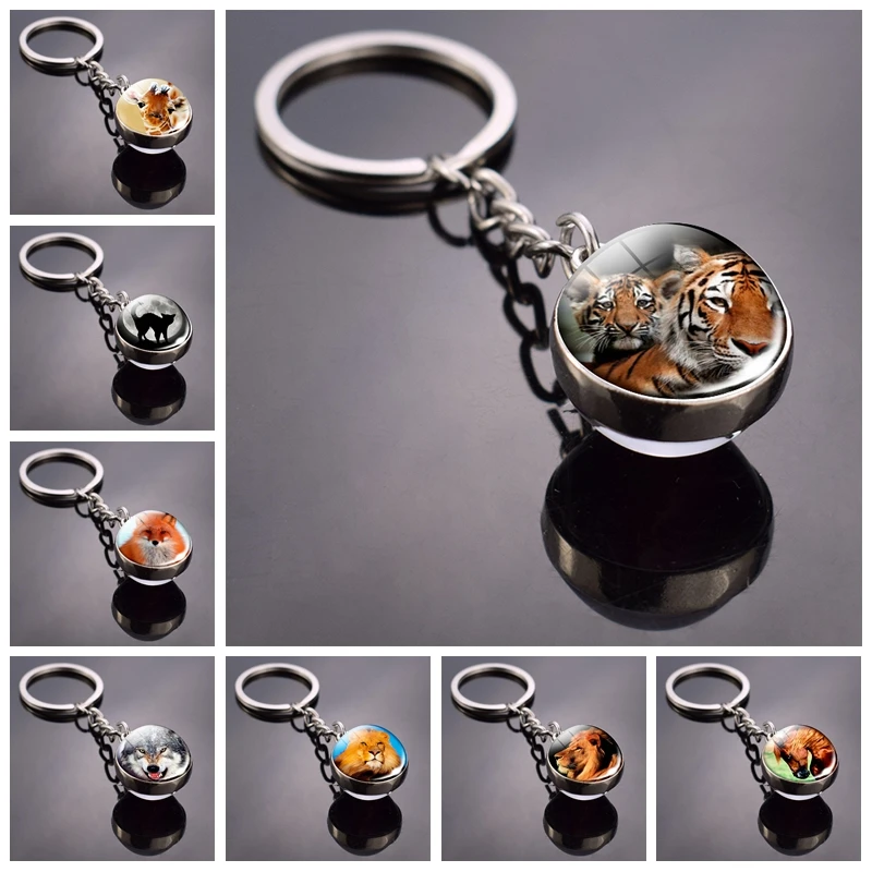 

Animal Keychain Tiger Wolf Fox Lion Double Side Glass Ball Key Chain Black Cat Horse and Moon Key Ring Pendant Keyring