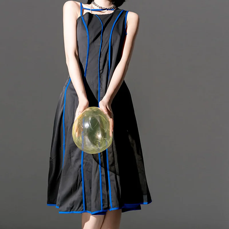 

Striped Patchwork Dress Ladies Hit Color Y2k Fashion New Sleeveless Outer Vest Suspenders Square Neck Sleeveless Pullover Dress