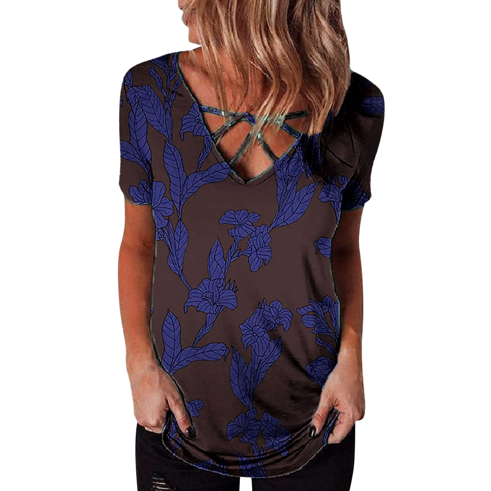 

Женская летняя рубашка с принтом, V-образным вырезом и коротким рукавом