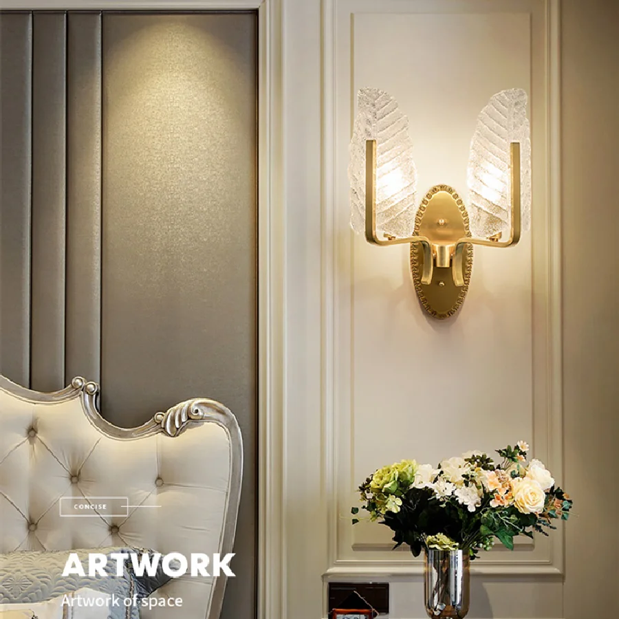 

Modern European Style Copper Wall Lamp Indoor Decor LED Golden Bedside Light Living Room Aisle Crystal Sconce Leaves Wall Light