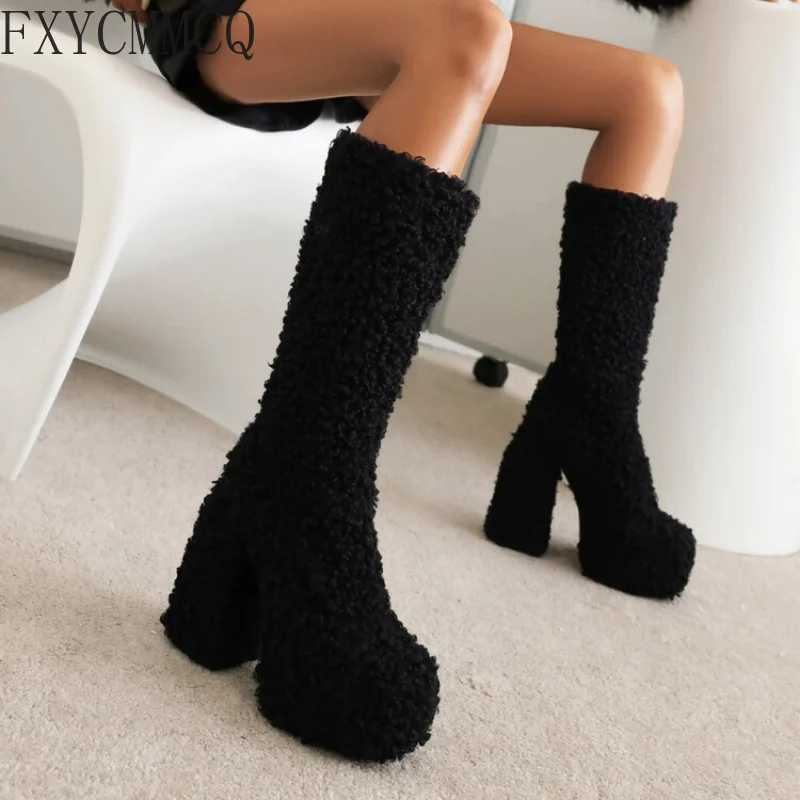 FXYCMMCQ 2022 New Ultra-high Heel Waterproof Platform Sheep Shearing Women's Boots Winter Windbreak Warm Boots 3-123
