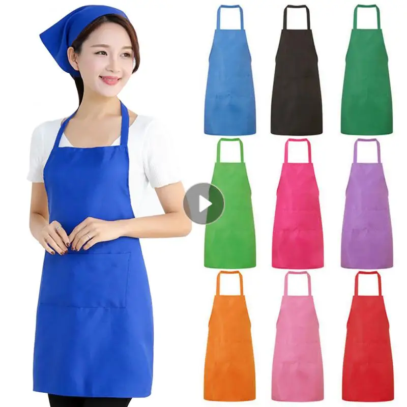 

Фартуки для готовки, водонепроницаемые маслостойкие Кухонные фартуки с карманами для поваров, выпечки, барбекю, однотонные универсальные К...