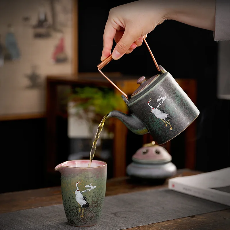 

Керамический чайник в китайском стиле, простой чайный набор в стиле ретро, с ручкой из керамики, с медной ручкой, для замачивания