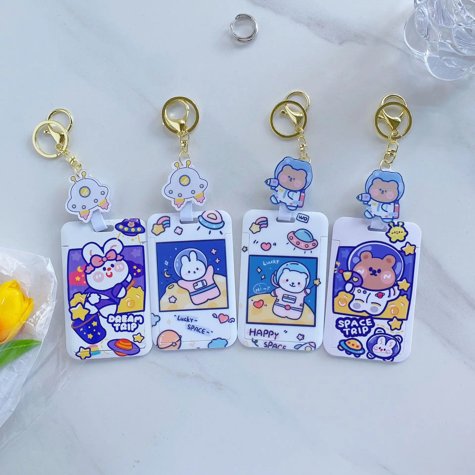 

Bandai Korea Cute Star Bear Keychain Rope Holder Lariat Space Rabbit Bus Students Meal Retractable Bag Keyring Id Card Lanyard