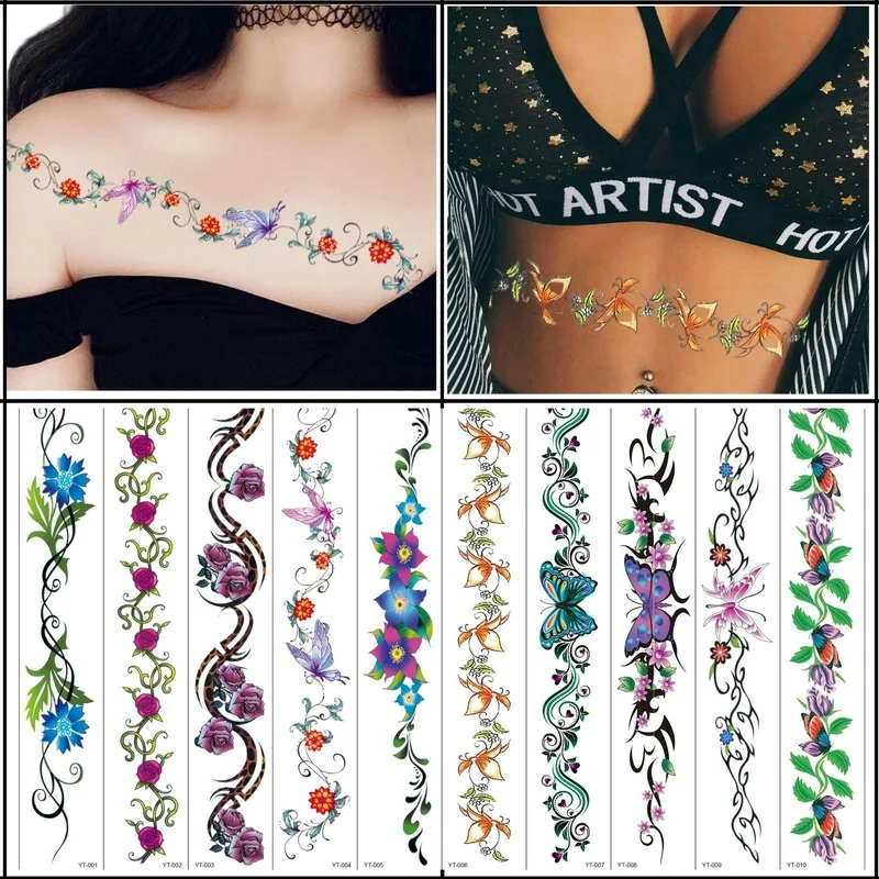 

Татуировка на талию, временная Женская одноразовая копировальная бумага Hqb, художественные наклейки на грудь с полосками, бабочки, цветы, ис...