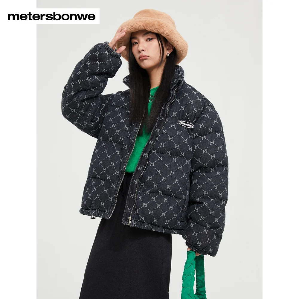 Metersbonwe Women Warm Jacquard Stand Collar Denim Jacket  Winter Fashion Thick Cotton-Padded Jacke Warm Loose Cotton Clothes