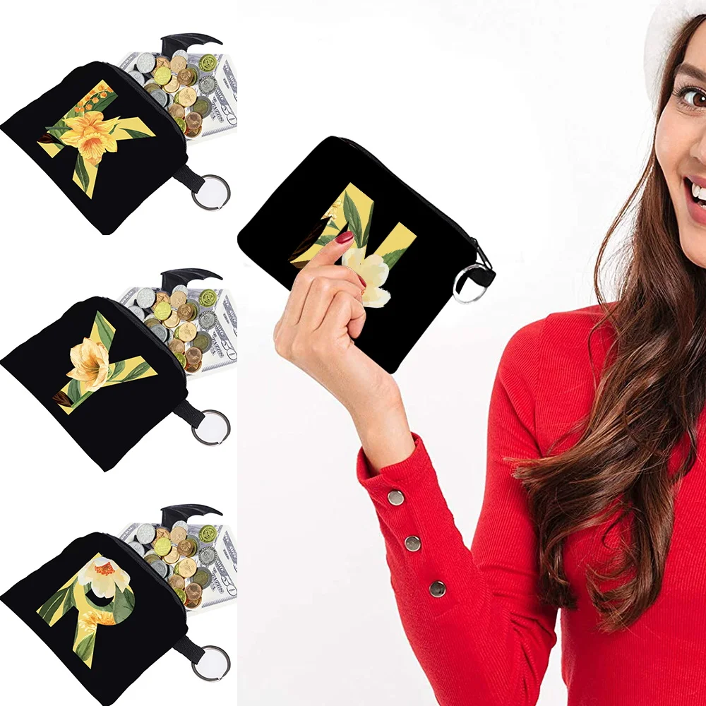 

Women Canvas Purse Card Key Purse Pouch Children Floral Lettern Pattern Small Organizer Bag Coin Purse Card Holder Wallet Bag