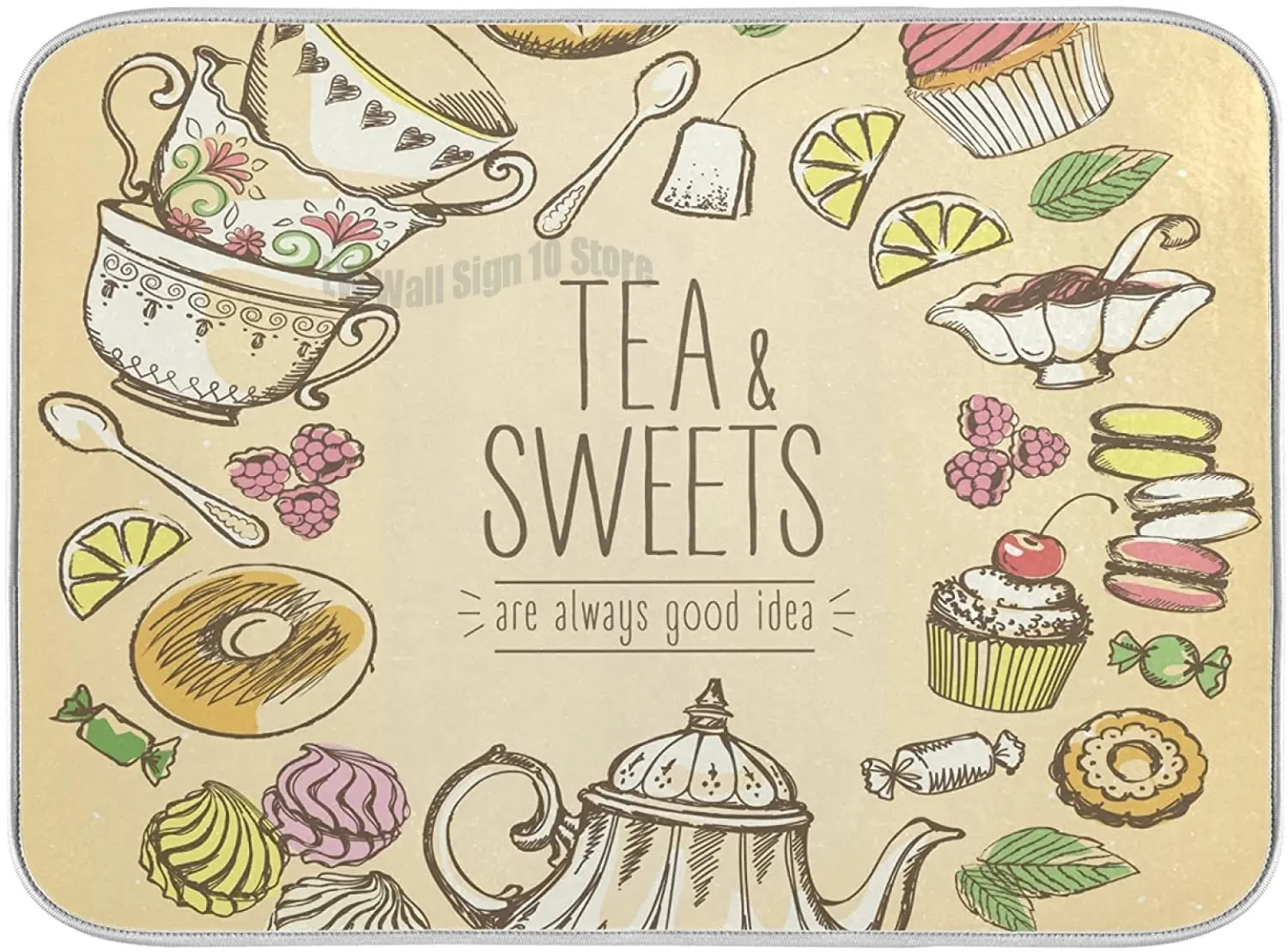 

Vintage Tea Time Dish Drying Mat for Kitchen Counter Large in Absorbent Microfiber Drying Dishes Drainer Rack Mat