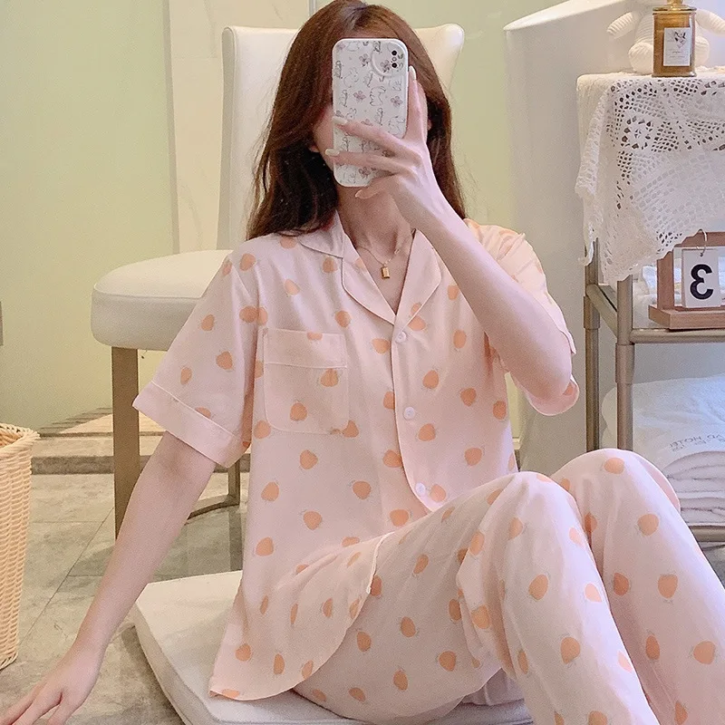 Summer Pajamas Set Loungewear Thin Loose Sleepwear Big Size Women's Clothing Nightgowns Homewear Short Sleeve Turn-down Collar