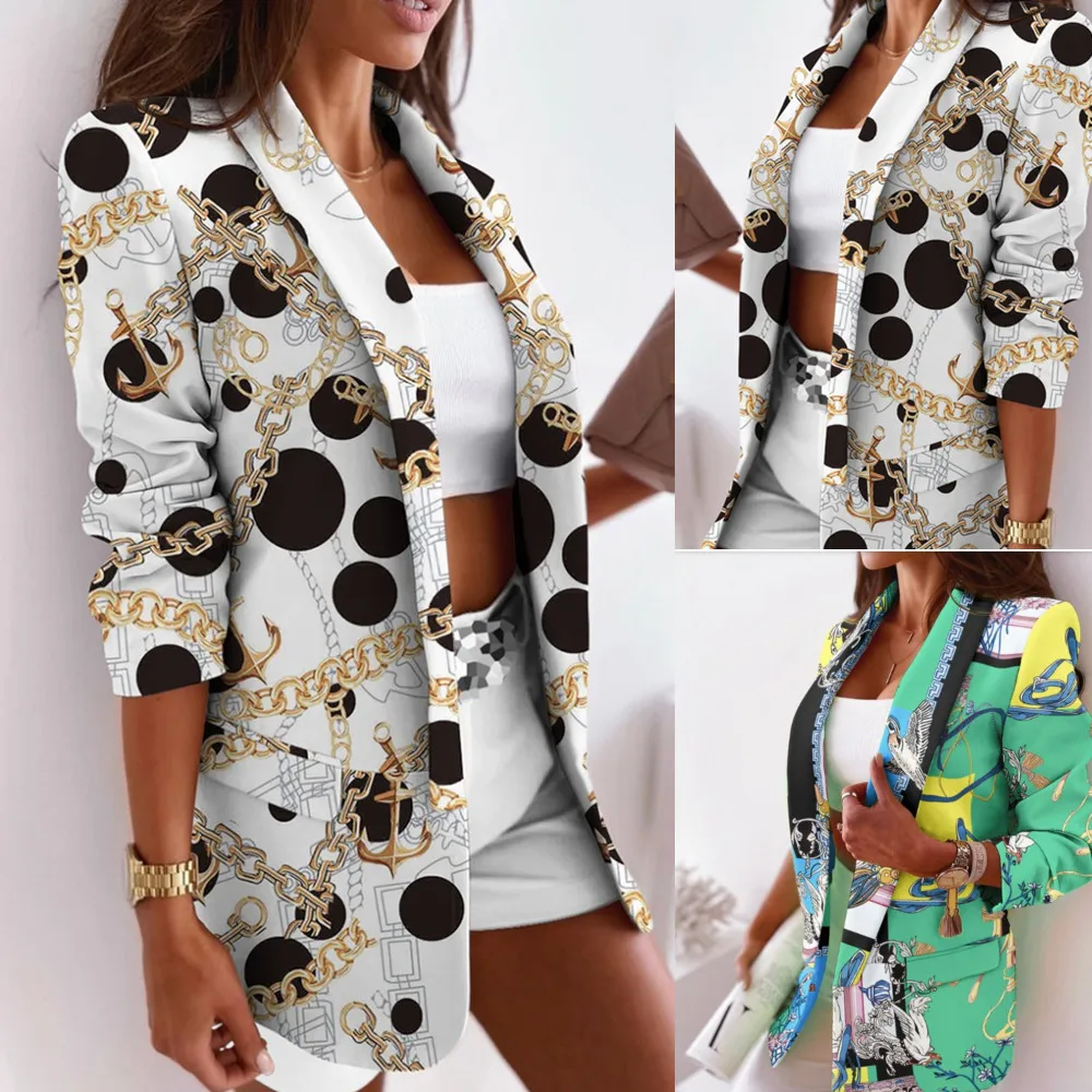 

Women's Chain Print Suit Jacket 2021 Autumn Winter Long-sleeved Cardigan Jacket Office Lady Coat