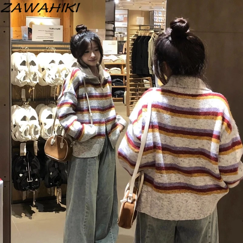 

American Hiphop Rainbow Striped Turn-down Collar Loose Sprig Autumn Knitted Cardigan Tops Temperament Casual Versatile Sweater