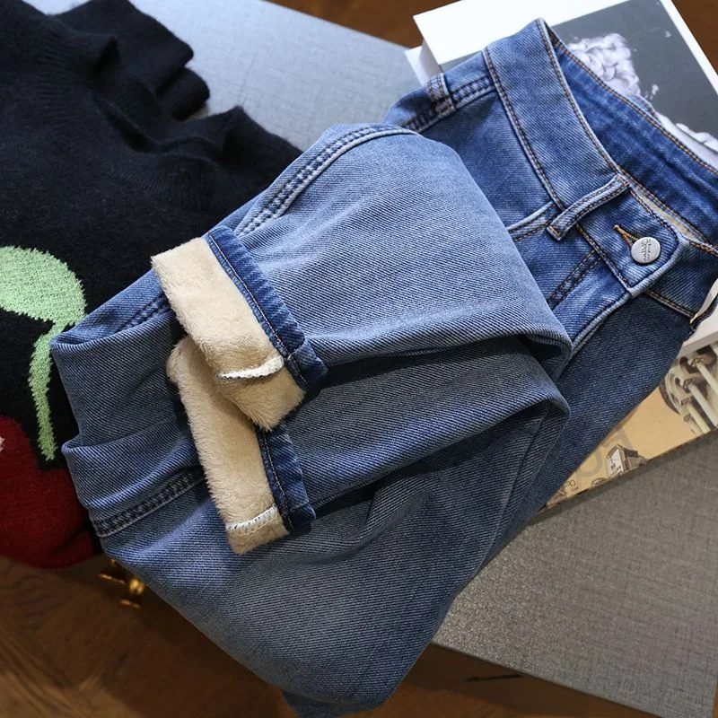 

2022 Add Fluff Jeans Women Autumn Winter Oversize Thicken Fleece Denim Straight Pants Loose Warm Slacks Trousers Female Jeans