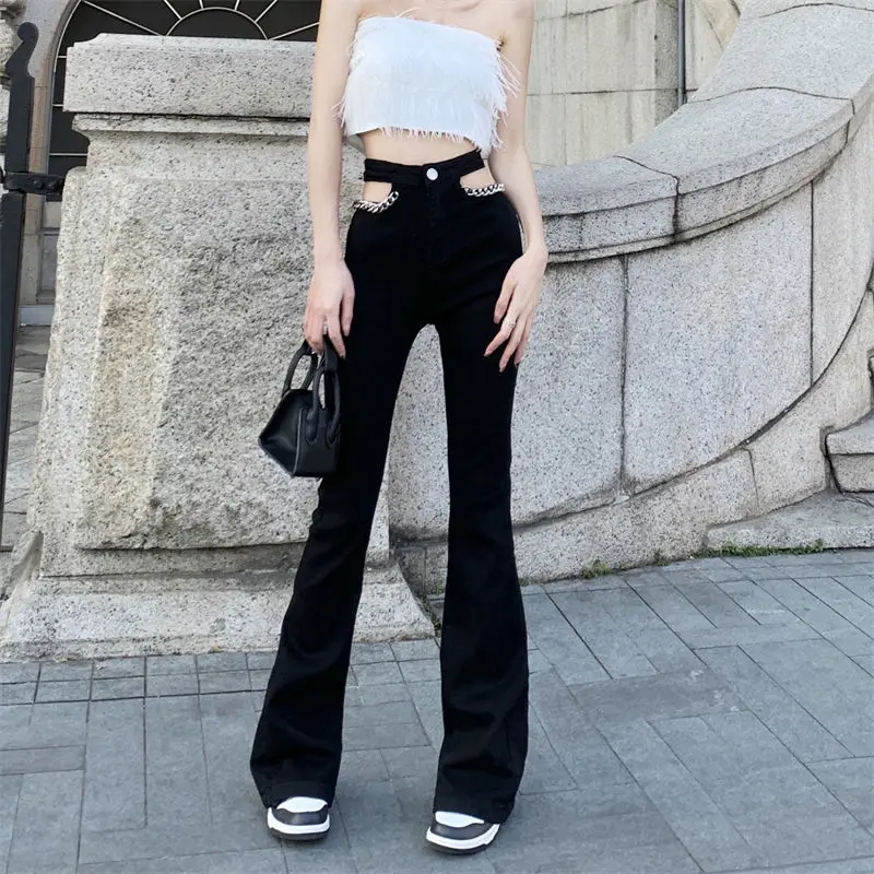 

2022 Spring Summer Jeans Female High Waist Slim Hole Micro Horn Flared Pants Drop Feeling Spice Trousers Black Femme Mujer E162