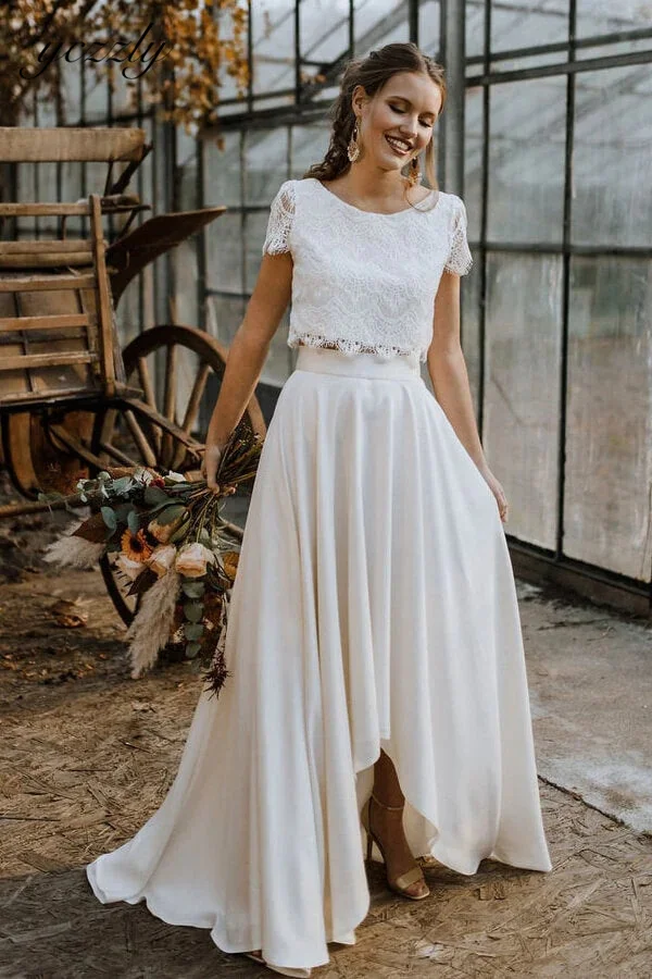 

Yczzly Two Pieces Bohemian Wedding Dress Front Short Back Long Chiffon Beach Bridal Gown Lace Sleeves Vestido Noiva YW262